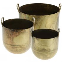 Antique look planter flower pot with metal handles H17 / 19.5 / 26cm, set of 3
