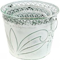 Product Sheet metal bucket with embossing, planter with handles white, green shabby chic H22/19.5/17.5 cm Ø25.5/20.5/15.5 cm set of 3