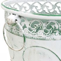 Product Sheet metal bucket with embossing, planter with handles white, green shabby chic H22/19.5/17.5 cm Ø25.5/20.5/15.5 cm set of 3