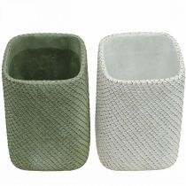 Product Planter ceramic white green relief mesh 12x12cm H17.5cm 2pcs