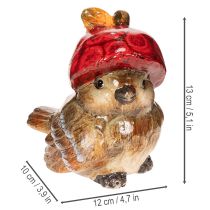Product Ceramic Bird Figurine with Red Apple Hat for Autumn Decoration, 13cm