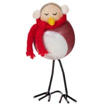 Product Set of 4 Winter Bird Figures with Scarf, 11cm, Red, White, and Black, Wooden and Metal Construction