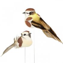 Spring decoration, birds on a wire, artificial bird brown, white H3cm 12pcs