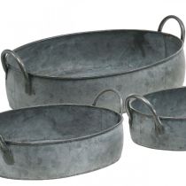 Planter with handles, zinc tub, antique-look flower bowl, silver L35.5 / 30.5 / 26.5cm, set of 3