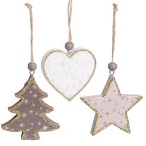 Product Christmas decoration star tree heart wood 6.5/7cm 6 pcs