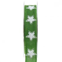Christmas ribbon linen look with star green 25mm 15m