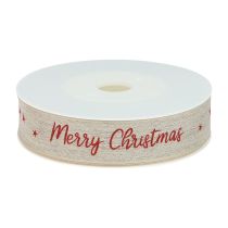 Product Christmas ribbon Merry Christmas natural red linen 25mm 15m