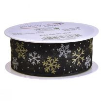 Product Christmas ribbon organza snowflakes black gold 40mm 15m