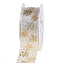 Christmas ribbon organza snowflakes white gold 40mm 15m