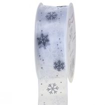 Christmas ribbon organza snowflakes white gray 40mm 15m