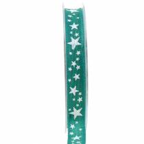 Jute ribbon with star motif petrol green 15mm 15m
