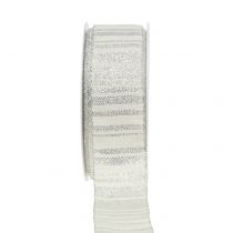Christmas ribbon white with silver stripes pattern 35mm 25m