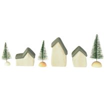 Product Christmas village wooden houses fir trees green and white 5-8 cm set of 6