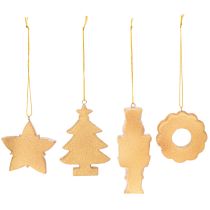 Product Christmas Ornaments Set – Gingerbread Look with Icing Details, Nutcracker, Star, Tree, Wreath, 6 cm, 4 Pieces