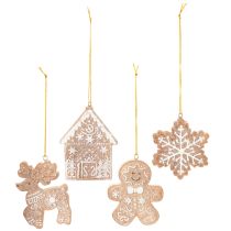 Product Set of 4 Christmas Ornaments in Gingerbread Look – Reindeer, Gingerbread Man, House, Snowflake – 7cm – Plastic – Brown and White