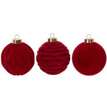 Product Set of 12 Velvet Christmas Baubles Bordeaux Red 8cm