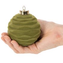 Product Set of 12 Moss Green Flocked Christmas Baubles, 8cm, Plastic