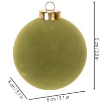 Product Set of 12 Moss Green Flocked Christmas Baubles, 8cm, Plastic