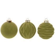Product Set of 12 Moss Green Flocked Christmas Baubles, 8cm, Plastic
