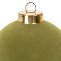Product Set of 12 Moss Green Flocked Christmas Baubles, 8cm, Plastic