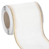 Product White moiré wreath ribbon with pearl edge and taffeta binding, decorative ribbon, mourning ribbon, width 100mm, length 25m