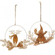 Product Decorative ring for Christmas, reindeer in the ring, Santa Claus with gift, metal decoration patina Ø18cm set of 2