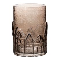 Product Glass Lantern with House Motif for Table Decoration, Brown, 23cm