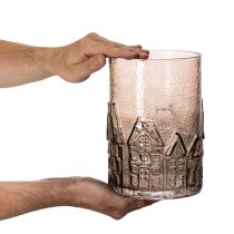 Product Glass Lantern with House Motif for Table Decoration, Brown, 23cm