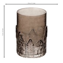 Product Glass Lantern with House Motif for Table Decoration, Brown, 23cm