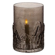 Product Glass Lantern with House Motif for Table Decoration, Brown, 23cm