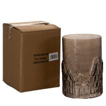 Product Glass Lantern with House Motif for Table Decoration, Brown, 23cm