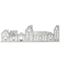 Product Metal House Row with Tealight Holders, Silver, 68 cm, Advent Decoration