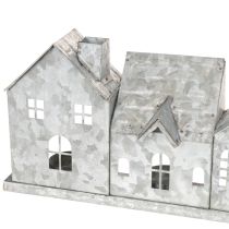 Product Metal House Row with Tealight Holders, Silver, 68 cm, Advent Decoration