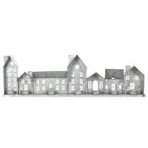Product Metal House Row with Tealight Holders, Silver, 68 cm, Advent Decoration