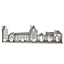 Product Metal House Row with Tealight Holders, Silver, 68 cm, Advent Decoration