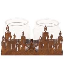 Product Metal lantern with glass insert, rusted metal finish, decorative candle holder, 21.5cm