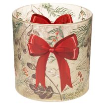 Product Glass Candle Holder with Red Bow and Winter Branches, 15cm