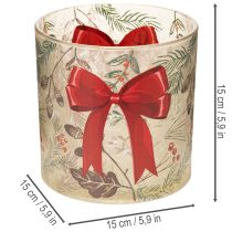 Product Glass Candle Holder with Red Bow and Winter Branches, 15cm