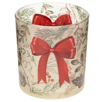 Product Glass Candle Holder with Red Bow and Christmas Branches 8cm Set of 2