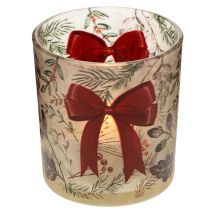 Product Glass Candle Holder with Red Bow and Christmas Branches 8cm Set of 2