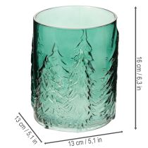 Product Glass Lantern with Pine Tree Relief Design, 16cm, Turquoise Green, Indoor Festive Decoration