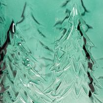 Product Glass Lantern with Pine Tree Relief Design, 16cm, Turquoise Green, Indoor Festive Decoration