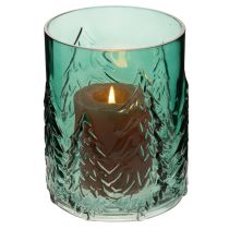 Product Glass Lantern with Pine Tree Relief Design, 16cm, Turquoise Green, Indoor Festive Decoration