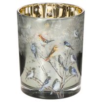 Product Glass Candle Holder with Winter Bird Design, 12cm