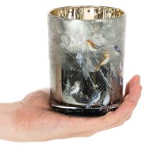 Product Glass Candle Holder with Winter Bird Design, 12cm