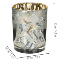 Product Glass Candle Holder with Winter Bird Design, 12cm