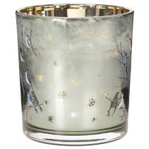 Product Glass Tealight Holders with Bird and Snowflake Design, Gold Interior, 8cm, Set of 2