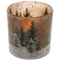 Product Glass Lantern with Winter Forest Design, 15cm, Multicolour, Indoor Tealight Holder