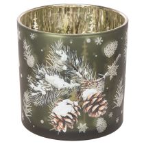 Product Glass Candle Holder with Pinecone and Snowflake Design, 15cm
