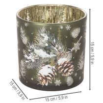 Product Glass Candle Holder with Pinecone and Snowflake Design, 15cm